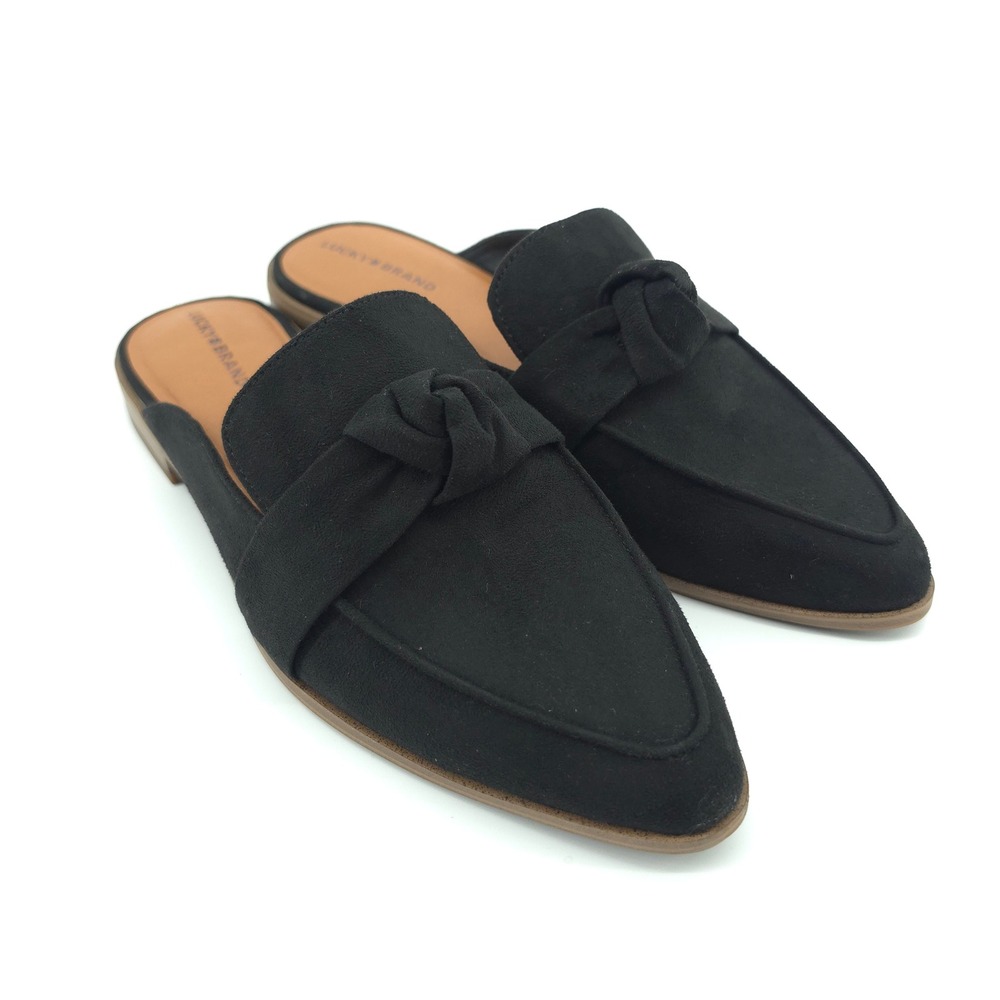 Lucky Brand Women Alusia Faux Suede Black 6.5M Knotted Pointed Toe Mules